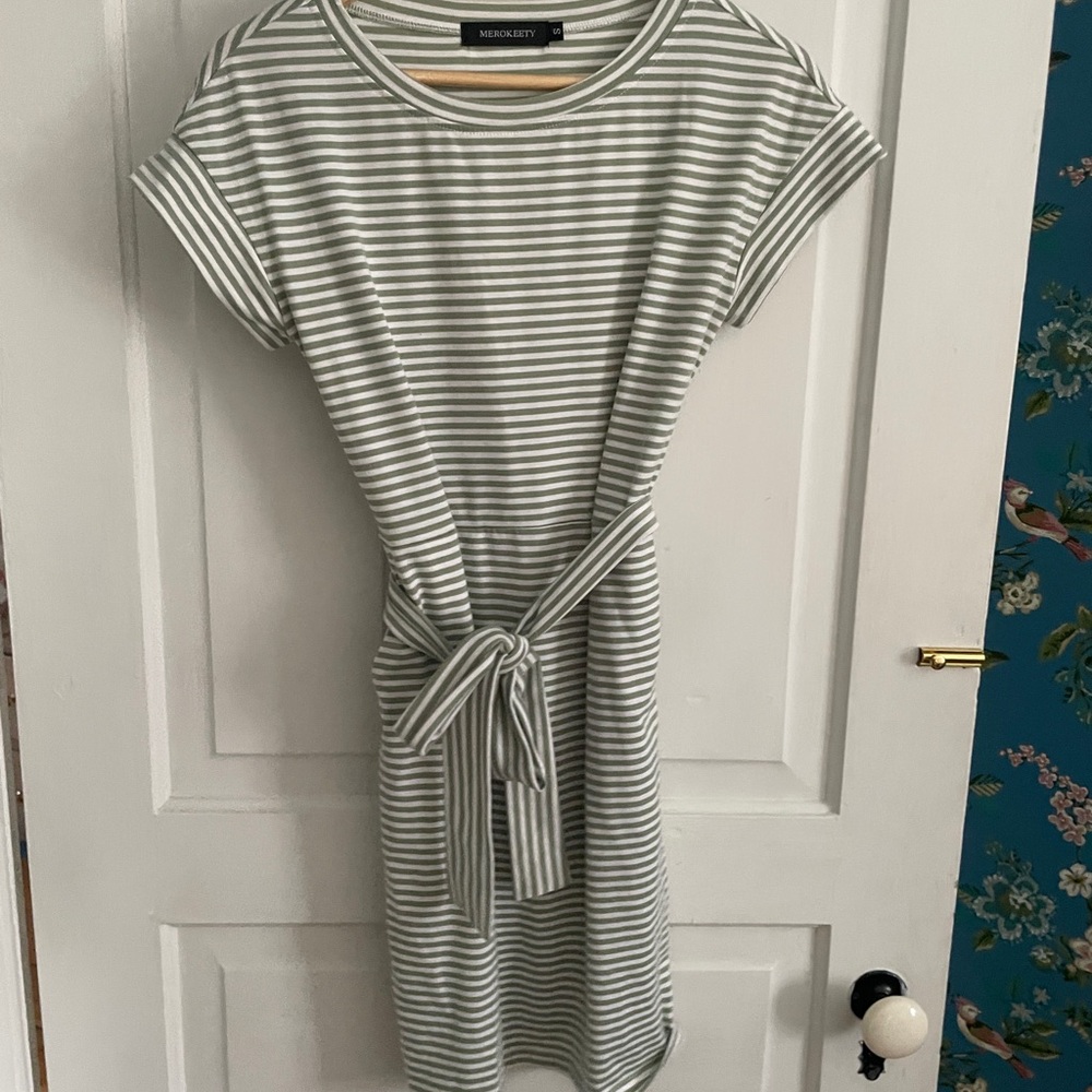 Meraki Sage Striped Midi Dress